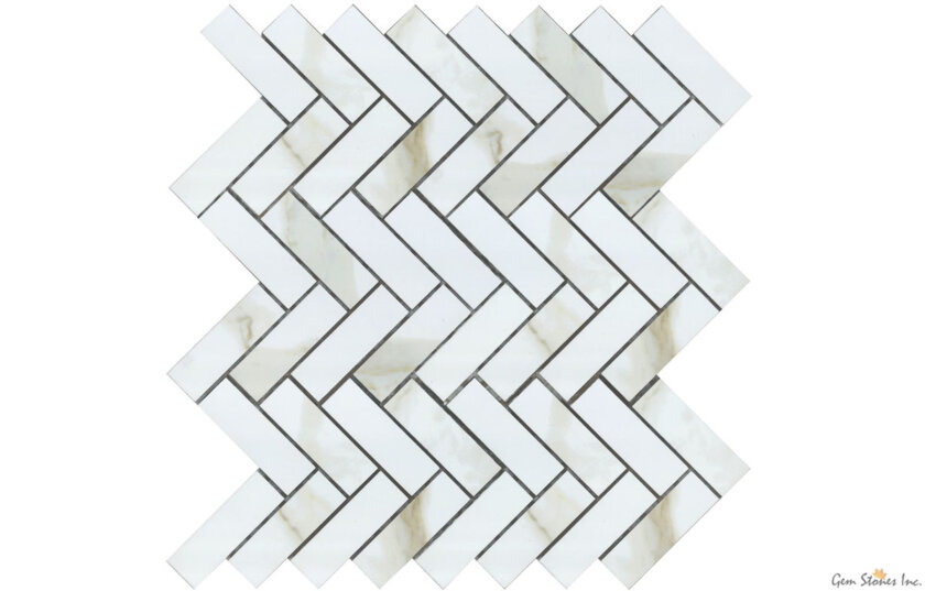 Eterna Calacatta Taupe Herringbone 1x3 Porcelain Mosaic